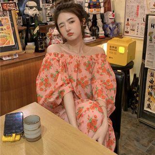 Off-shoulder Floral Midi A-line Dress Orange Flowers - Pink - One Size