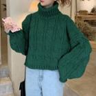 High-neck Plain Cable-knit Sweater