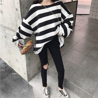 Long-sleeve Striped Sweatshirt / High-waist Distressed Slim Fit Pants