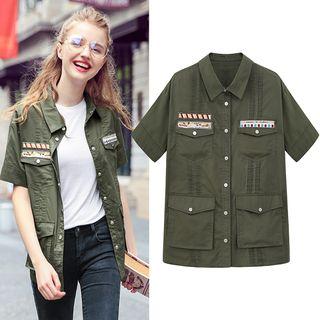 Short-sleeve Embroidery Pintuck Shirt