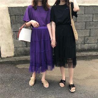 Set: Short-sleeve Long T-shirt + Mesh Midi Skirt