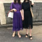 Set: Short-sleeve Long T-shirt + Mesh Midi Skirt