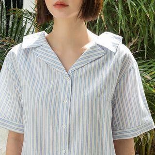 Open-placket Stripe Blouse Sky Blue - One Size