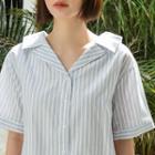 Open-placket Stripe Blouse Sky Blue - One Size