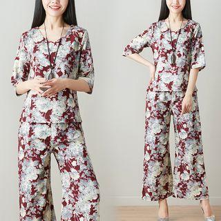 Set: Floral Elbow-sleeve Top + Wide Leg Pants
