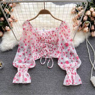 Square-neck Puff-sleeve Drawstring Chiffon Top