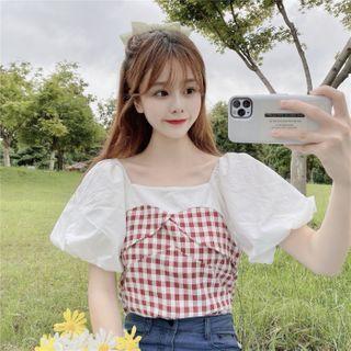 Plaid Panel Puff-sleeve Square Neck Blouse