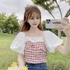 Plaid Panel Puff-sleeve Square Neck Blouse