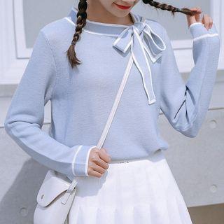 Contrast Trim Tie-neck Long-sleeve Knit Top