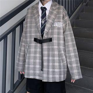 Belted Plaid Lapel Collar Blazer