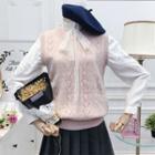 Set: Stand Collar Lace Panel Blouse + Knit Vest
