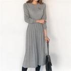 Band-waist Pleated Knit Midi Dress