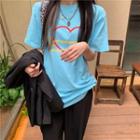 Round Neck Heart Print Short-sleeve T-shirt Blue - One Size