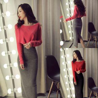 Set: Long-sleeve Crop Top + Maxi Sheath Skirt
