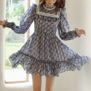 Long-sleeve Floral Print Ruffled Mock-neck A-line Dress