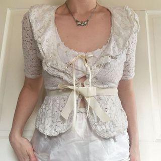 Short Sleeve Ruffled Lace Crop Top