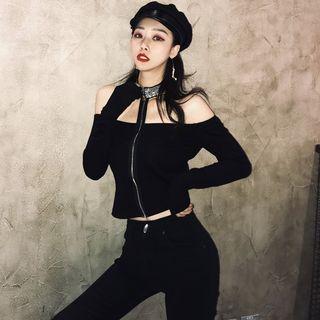 Long-sleeve Choker Crop Top As Shown In Figure - One Size