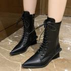 Block Heel Pointed Lace Up Mid Calf Boots