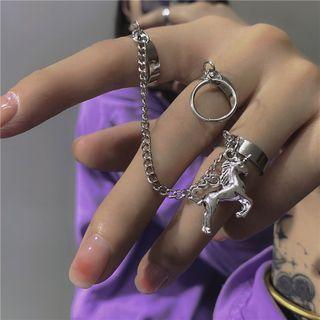 Unicorn Pendant Chained Double Alloy Ring Unicorn - Silver - One Size