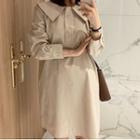 Plain Collared Long-sleeve A-line Dress Almond - One Size