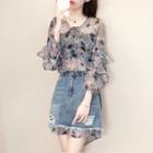 Set: Floral Chiffon Dress + Denim A-line Skirt