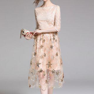 Short-sleeve Midi Sequined Lace Dress