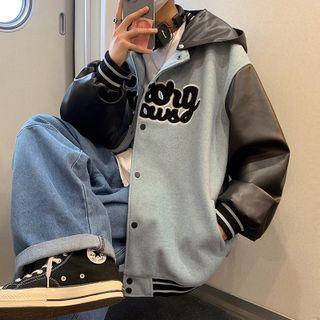 Lettering Embroidered Faux Leather Panel Jacket