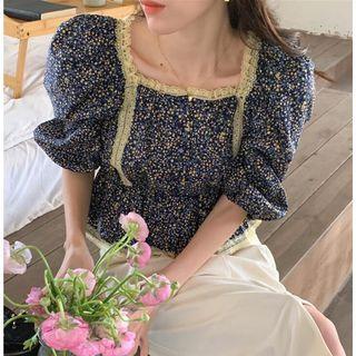 Puff Sleeve Square Neck Lace Trim Floral Peplum Blouse