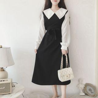 Long-sleeve Color Block Wide Collar A-line Dress