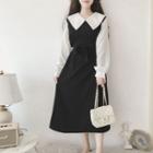 Long-sleeve Color Block Wide Collar A-line Dress