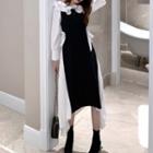 Long-sleeve Ruffle Trim Plain Blouse / Sleeveless Panel Tie-waist Dress