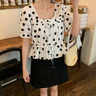 Bow-detail Puff-sleeve Polka-dot Chiffon Blouse White - One Size
