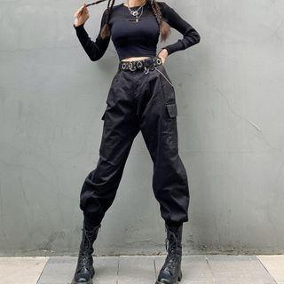 Long-sleeve Cropped Knit Top / Spaghetti Strap Top / Cargo Pants / Chain / Set
