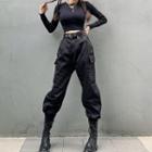Long-sleeve Cropped Knit Top / Spaghetti Strap Top / Cargo Pants / Chain / Set