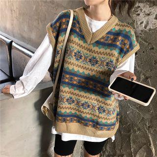 Plain Long-sleeve Loose-fit T-shirt / Patterned Knit Vest