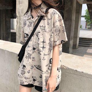Short-sleeve Cartoon Print Shirt As Shown In Figure - One Size