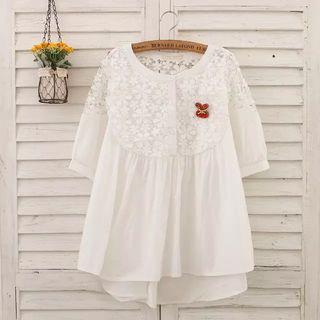 Lace Panel Elbow-sleeve Loose Fit Blouse