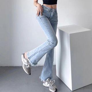 Mid Rise Frayed Bootcut Jeans