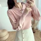 Mesh Panel Long-sleeve Collared Knit Top