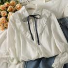 Ribbon-neckline Ruffled Loose Shirt White - One Size