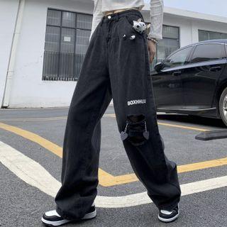 Lettering Cow Plush Straight Leg Jeans