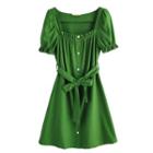 Short-sleeve Sashed Mini A-line Dress