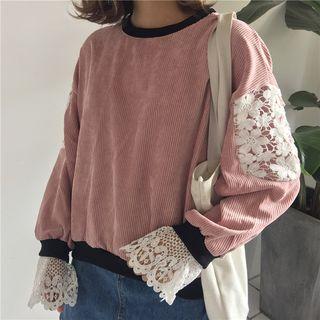 Lace Panel Corduroy Long-sleeve Top