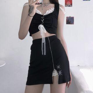 Lace Panel Cropped Tank Top / Zip Mini Fitted Skirt