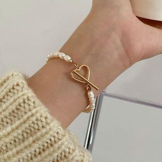 Faux Pearl Bracelet Pearl Love Heart Bracelet - Gold - One Size