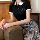Set: Short-sleeve Contrast Trim Embroidered Polo Shirt + Gingham A-line Midi Skirt