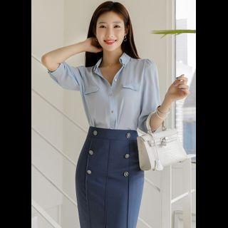 Puff-sleeve Flap-detail Blouse