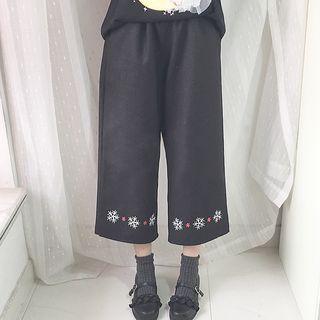 Snowflake Embroidered Cropped Wide Leg Pants