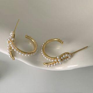 Knot Faux Pearl Alloy Open Hoop Earring 1 Pair - 14k Gold - One Size