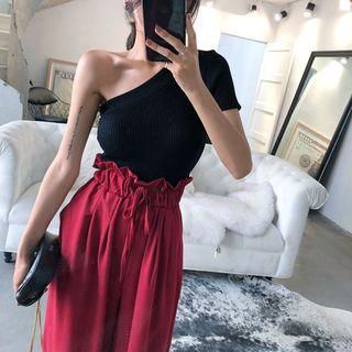 Drawstring Waist Wide-leg Pants Red - One Size